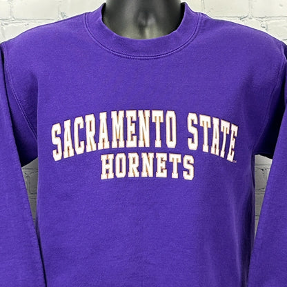Purple Sacramento State Sweatshirt in adult size with bold 'Hornets' logo on the front