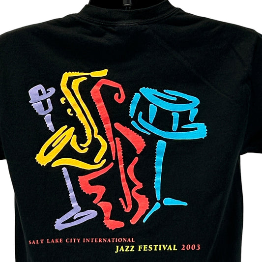 Hanes T-Shirt 2003 Jazz Festival Design in Black, Front View, Vintage