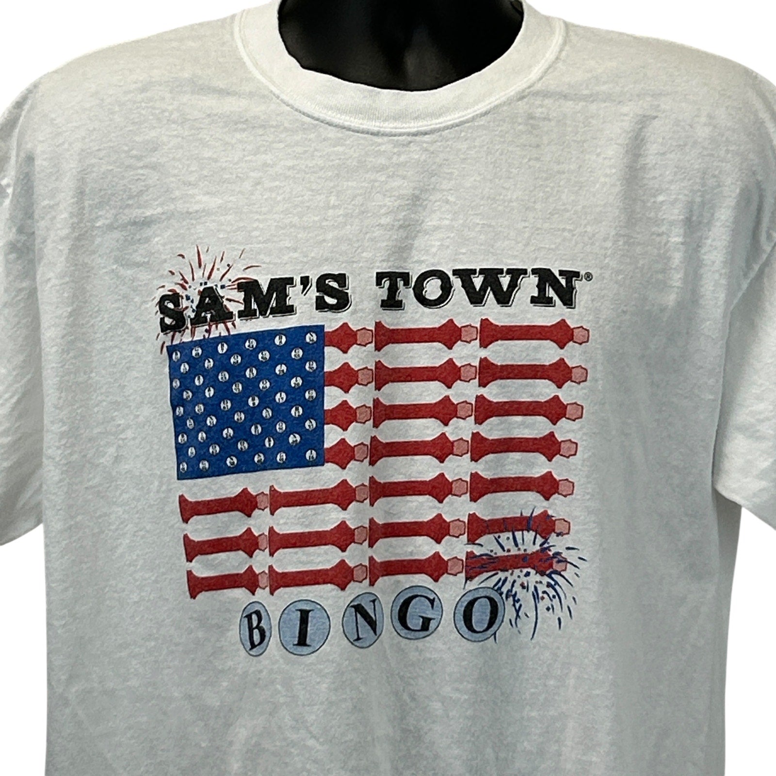 Gildan white T-shirt featuring Sams Town Casino Bingo design with American flag and colorful graphics
