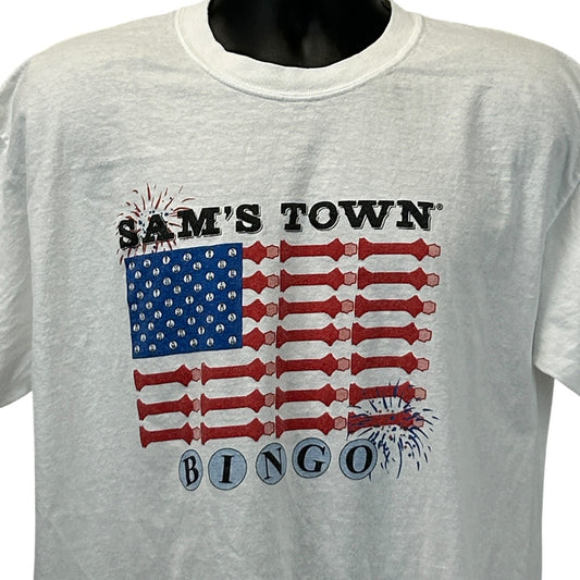 Gildan white T-shirt featuring Sams Town Casino Bingo design with American flag and colorful graphics