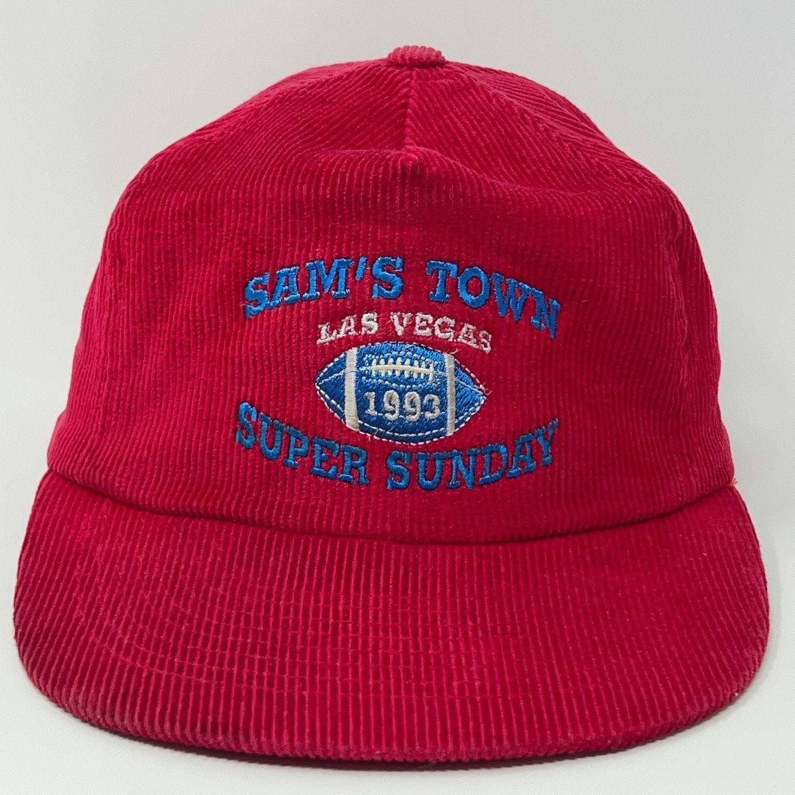 Red corduroy cap featuring Sam's Town Las Vegas Super Sunday logo from 1993