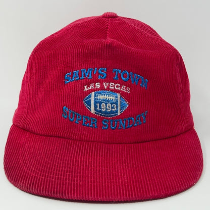 Red corduroy cap featuring Sam's Town Las Vegas Super Sunday logo from 1993