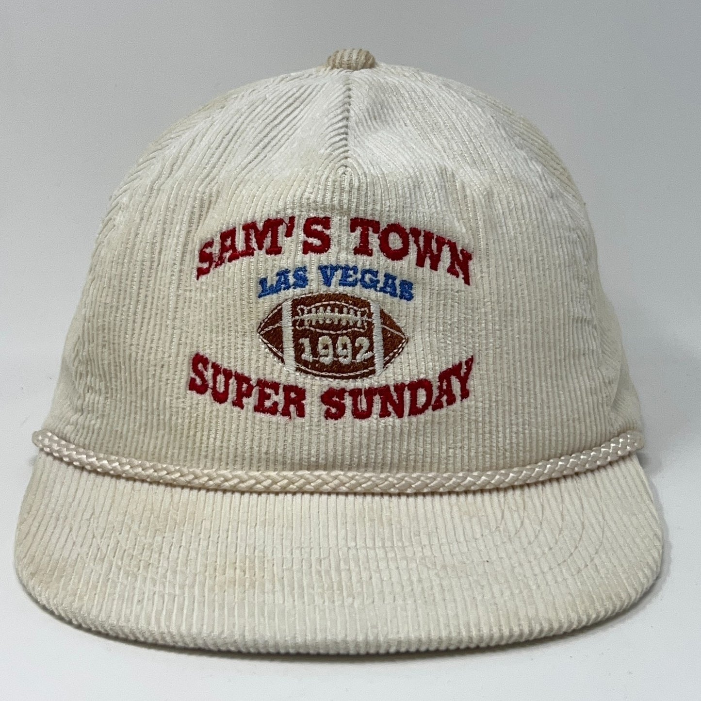 Vintage cream corduroy hat featuring Sam's Town Las Vegas logo and Super Sunday text, 1992 edition