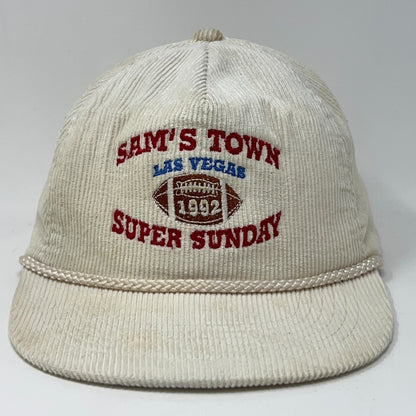Vintage cream corduroy hat featuring Sam's Town Las Vegas logo and Super Sunday text, 1992 edition
