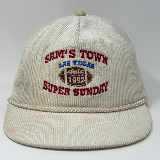Vintage cream corduroy hat featuring Sam's Town Las Vegas logo and Super Sunday text, 1992 edition