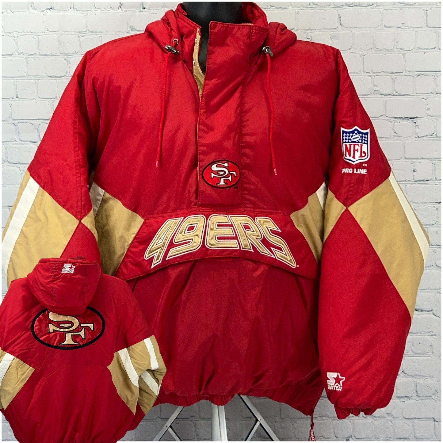 Starter San Francisco 49ers red hooded jacket with gold details and NFL logo on sleeve, front view
