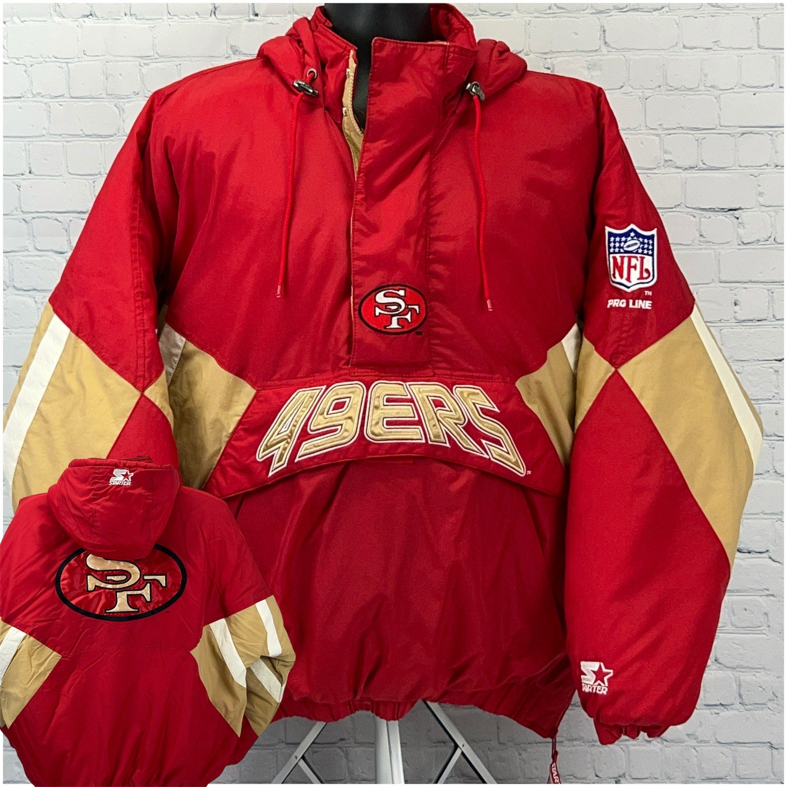 Starter San Francisco 49ers red hooded jacket with gold details and NFL logo on sleeve, front view
