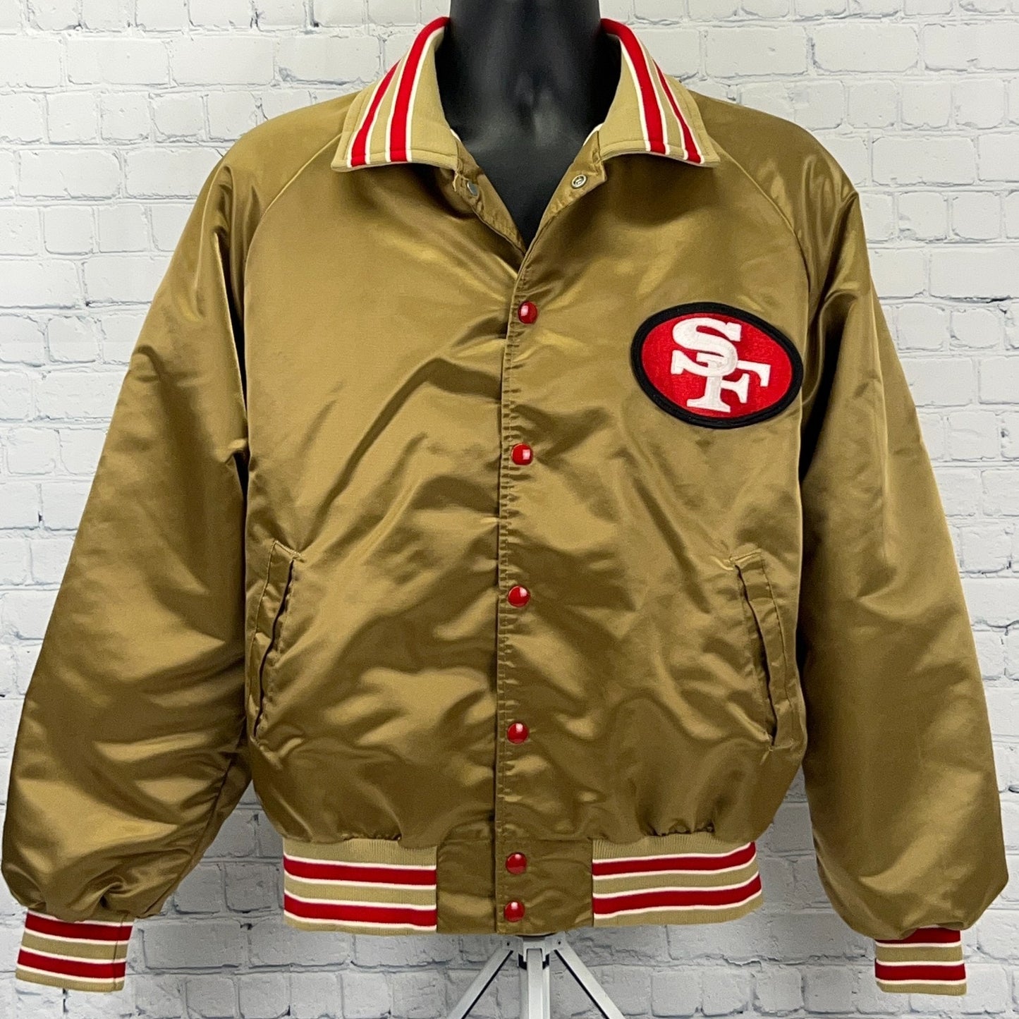 San Francisco 49ers Satin Bomber Jacket in Gold with Red Stripes and Logo on Front