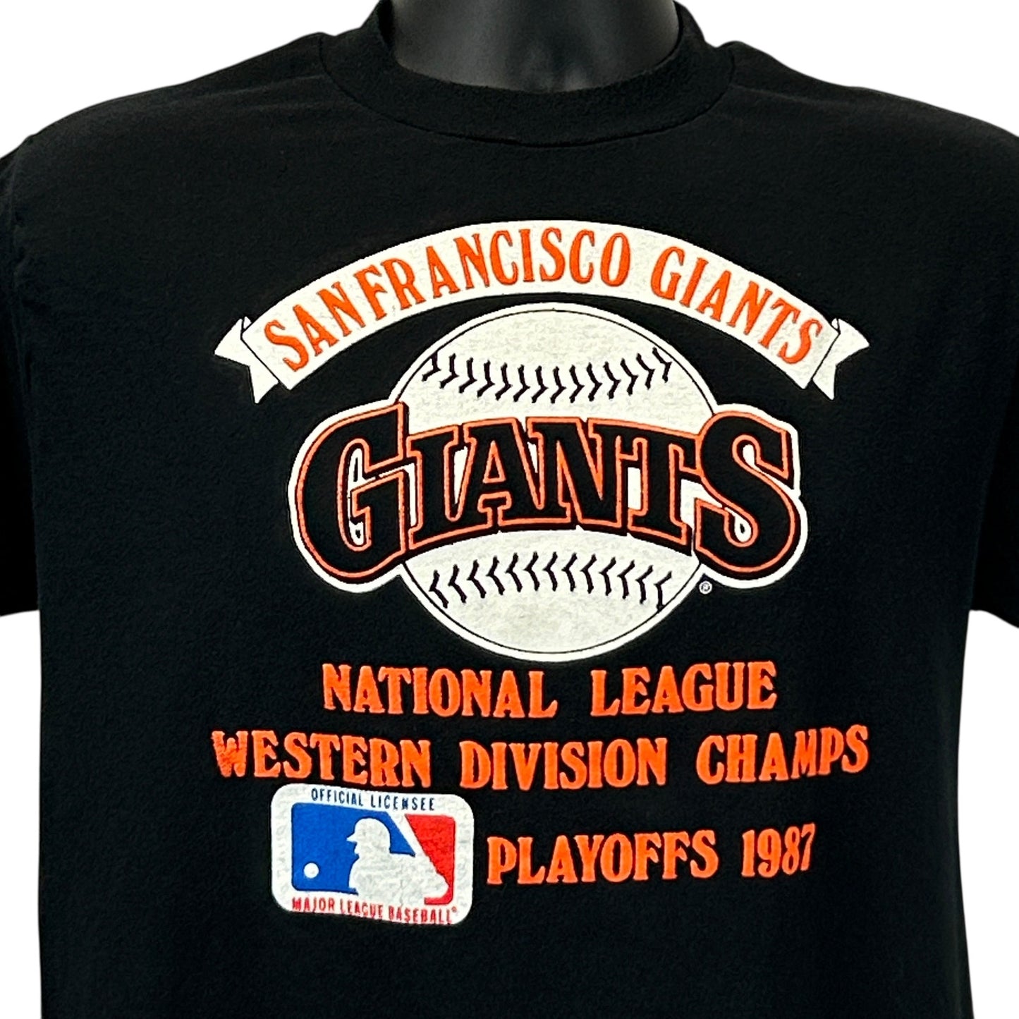 Black Garan T-Shirt featuring San Francisco Giants logo with vintage 1987 playoffs design, front view