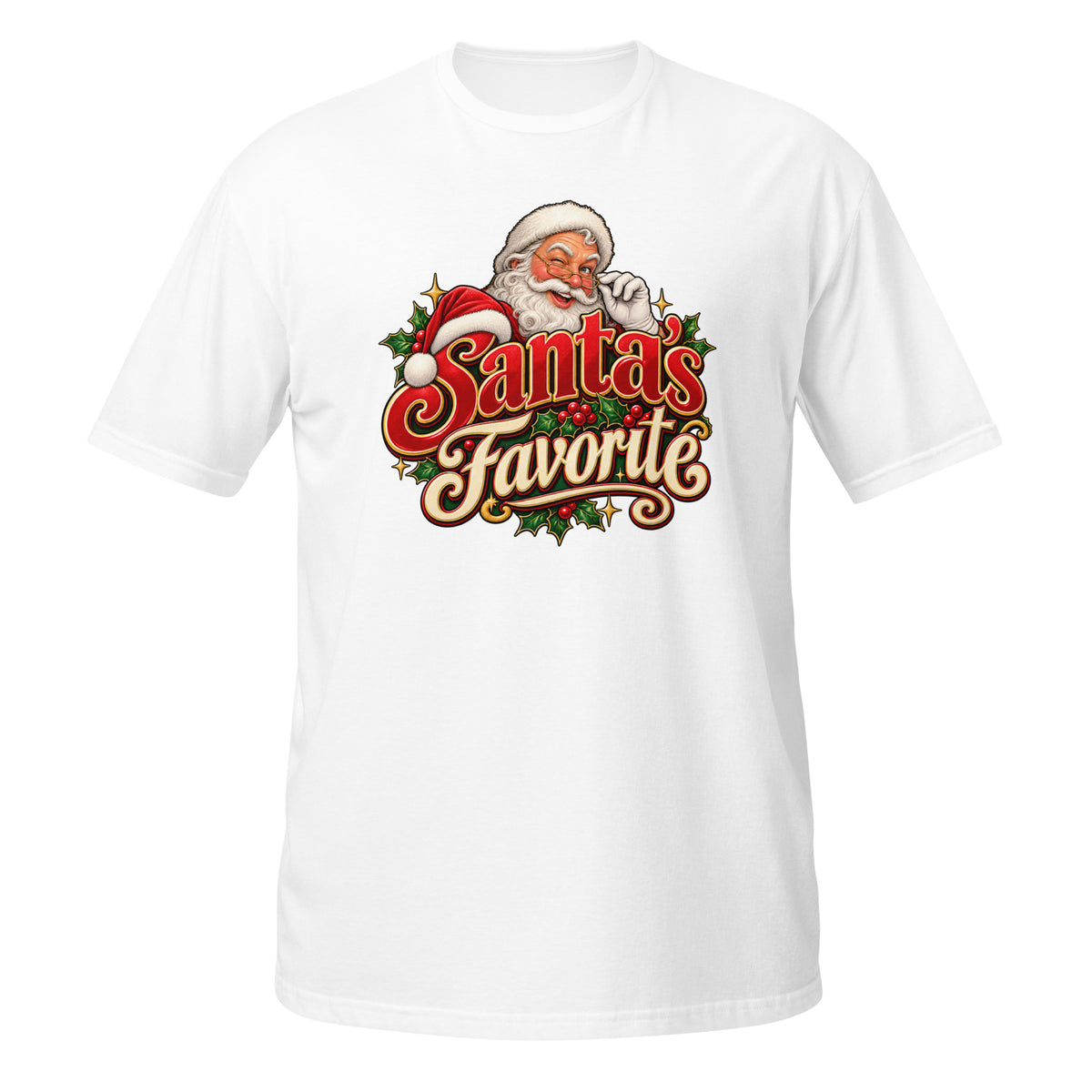 Neonvtg Santa Claus T-shirt in white featuring a festive Santa's Favorite design