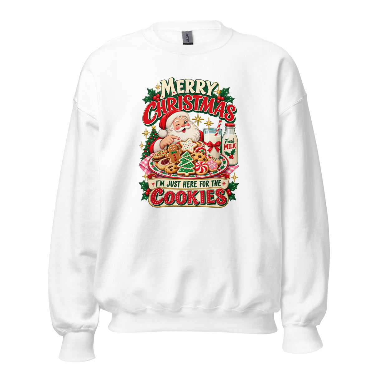 White Christmas T-shirt featuring Santa with cookies and milk on the front, perfect for festive celebrations