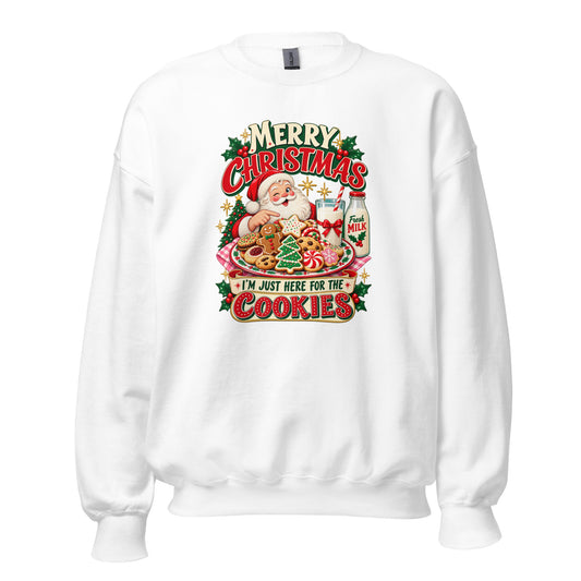 White Christmas T-shirt featuring Santa with cookies and milk on the front, perfect for festive celebrations