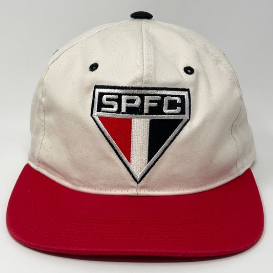 Vintage white and red baseball cap featuring Sao Paulo logo on the front with a triangular design.