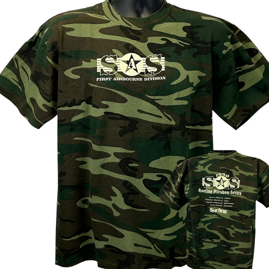 L.A. Sportswear Camouflage T-Shirt in Green with Surfing logo on front, size X-Large