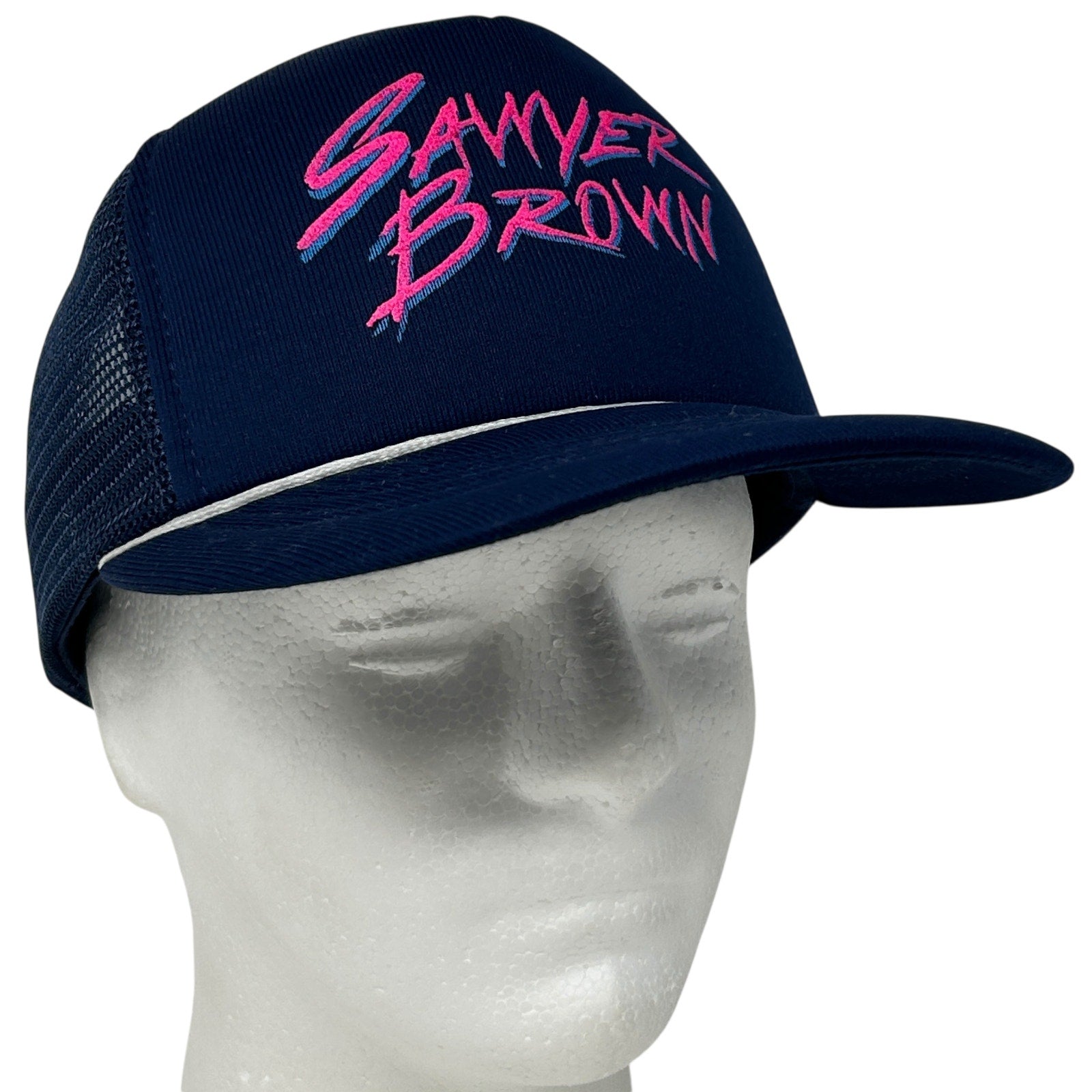 Navy blue Vintage hat featuring pink Sawyer Brown logo on the front with a mesh back for breathability
