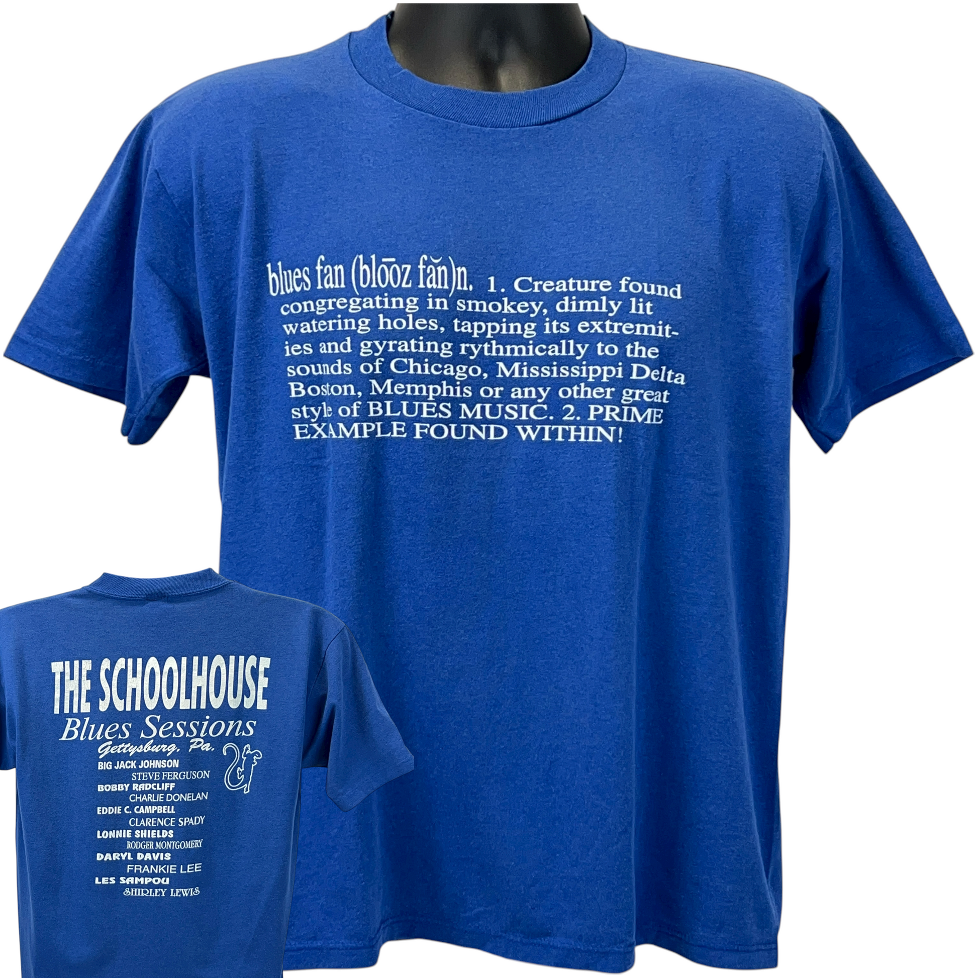 Front and back view of JERZEES blues T-Shirt in royal blue featuring bold text and music-themed graphics