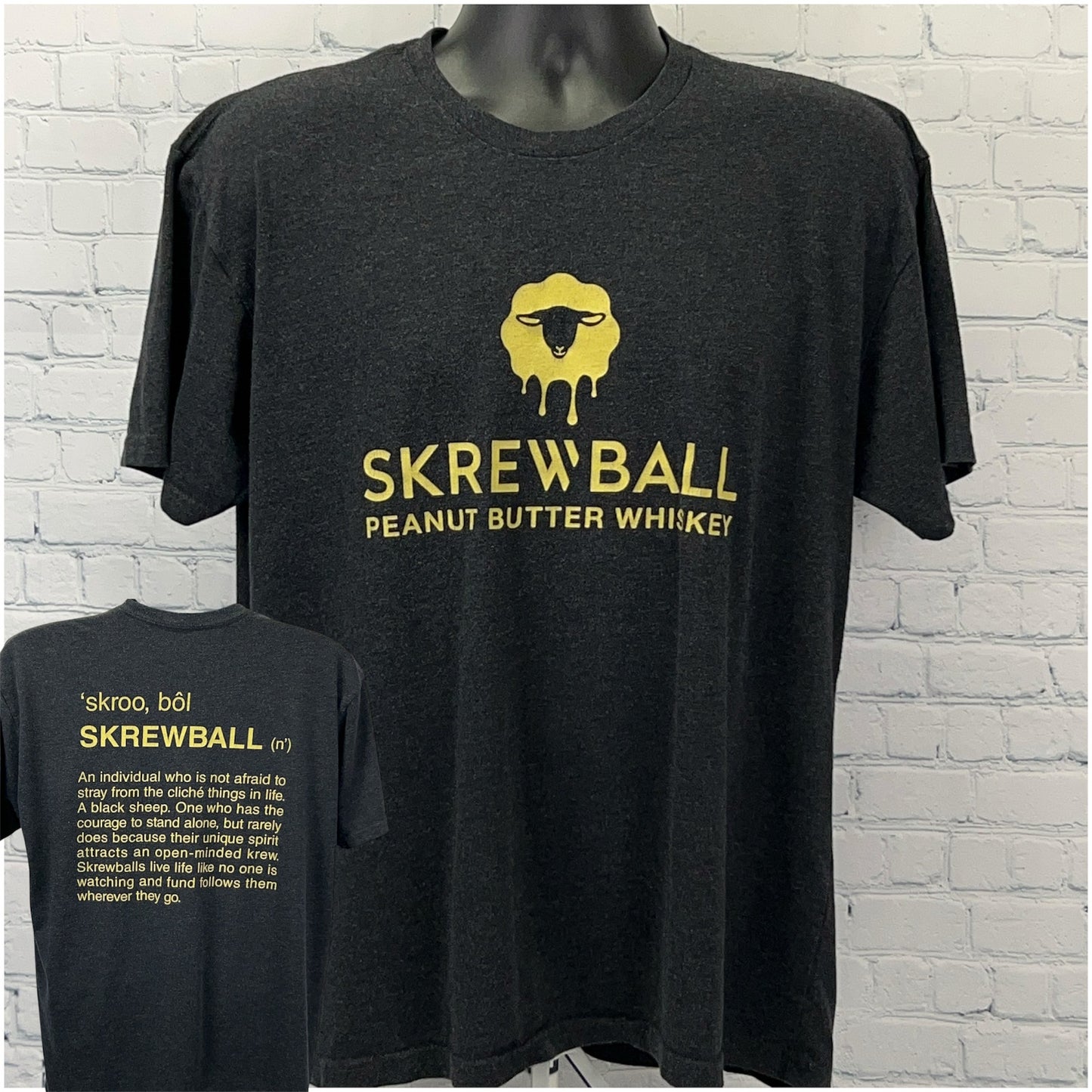 Gray Screwball Peanut Butter Whiskey T-shirt featuring logo on front and definition on back