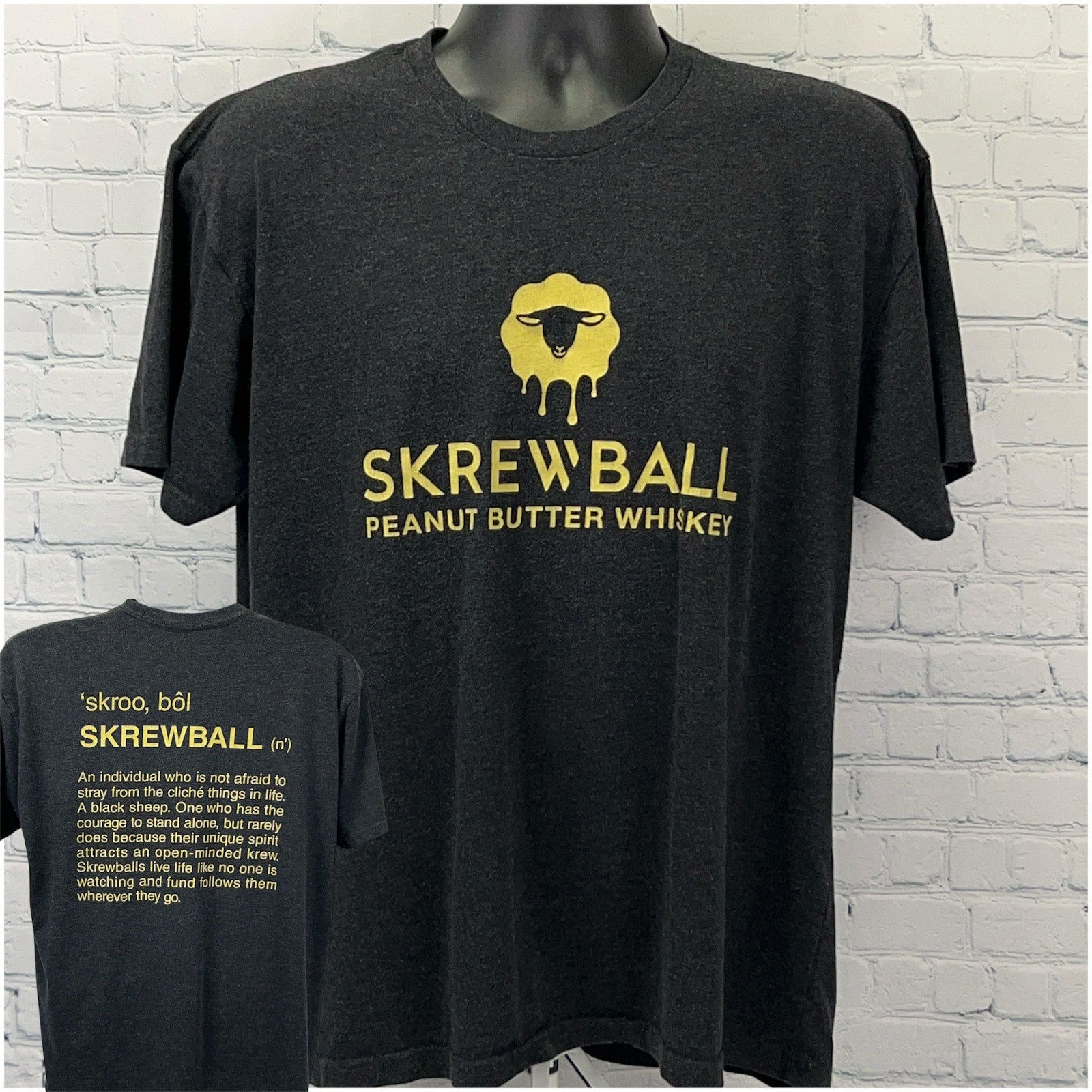 Gray Screwball Peanut Butter Whiskey T-shirt featuring logo on front and definition on back