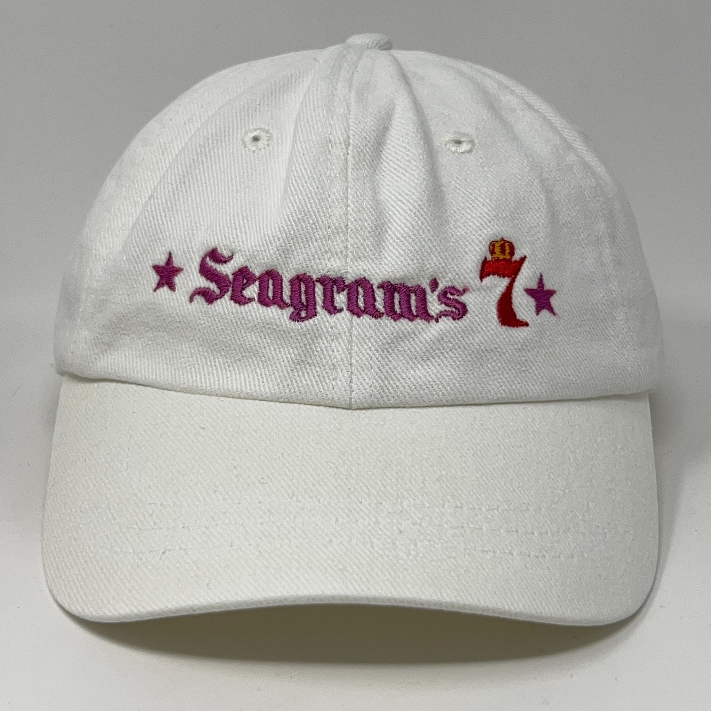 White Vintage Seagrams 7 Cap with Pink Embroidery and Logo on Front View