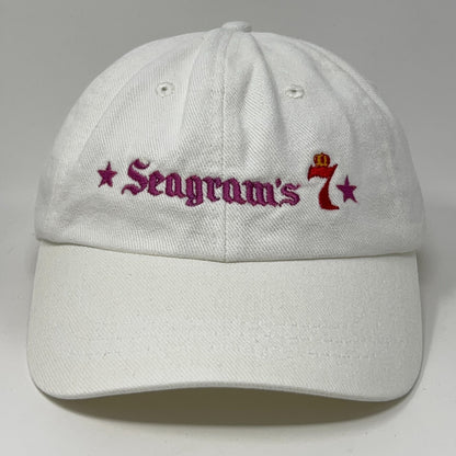 White Vintage Seagrams 7 Cap with Pink Embroidery and Logo on Front View