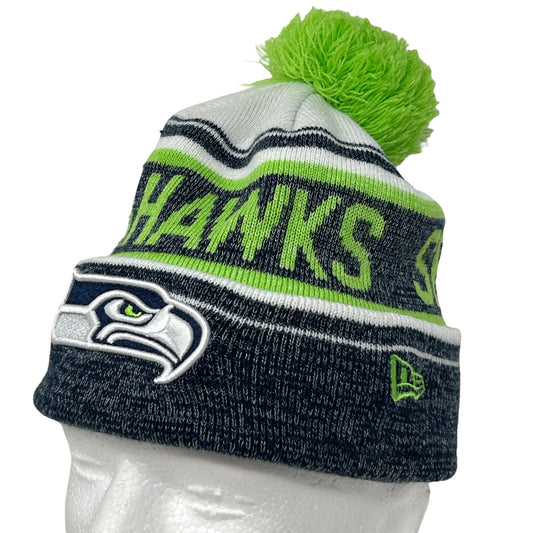 New Era Seahawks beanie in gray and green with pom pom, featuring team logo on the front
