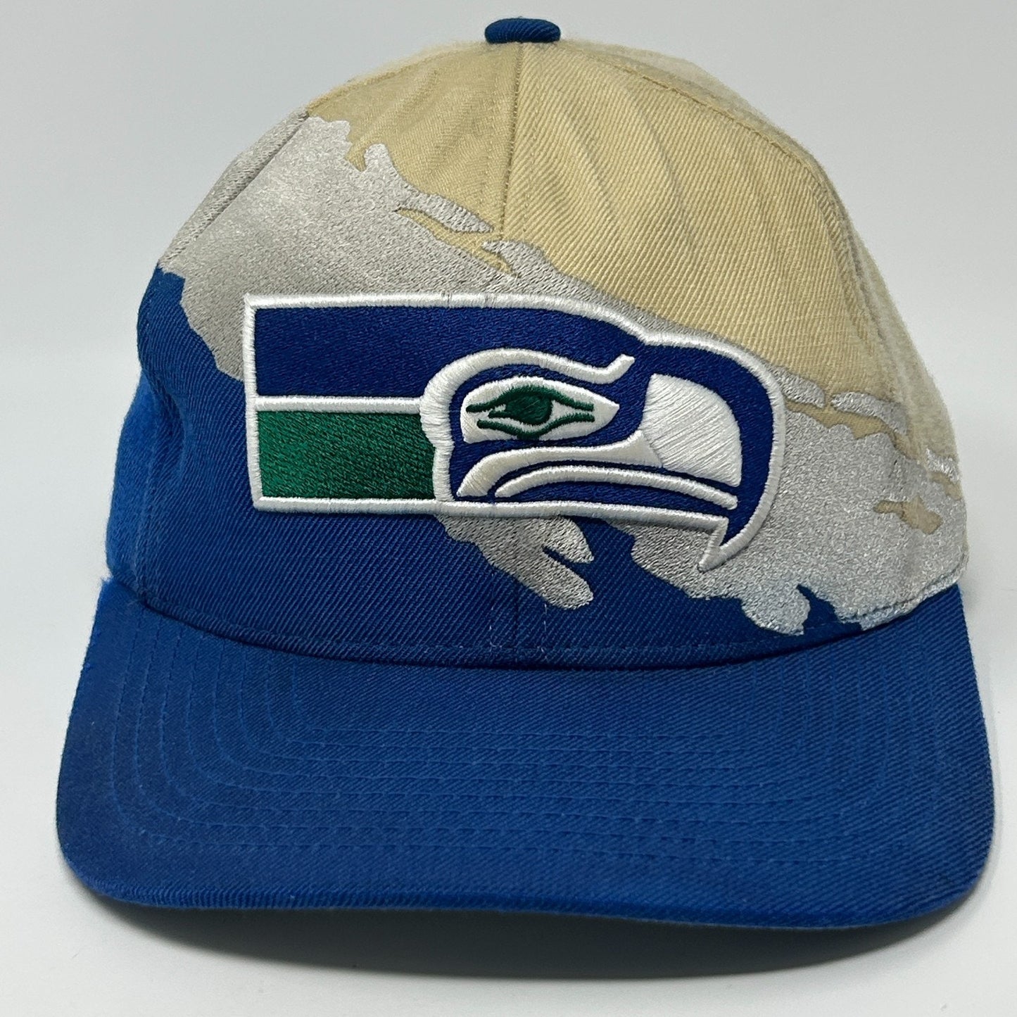 Mitchell & Ness Seahawks Hat in Blue and Tan with Embroidered Logo, Front View