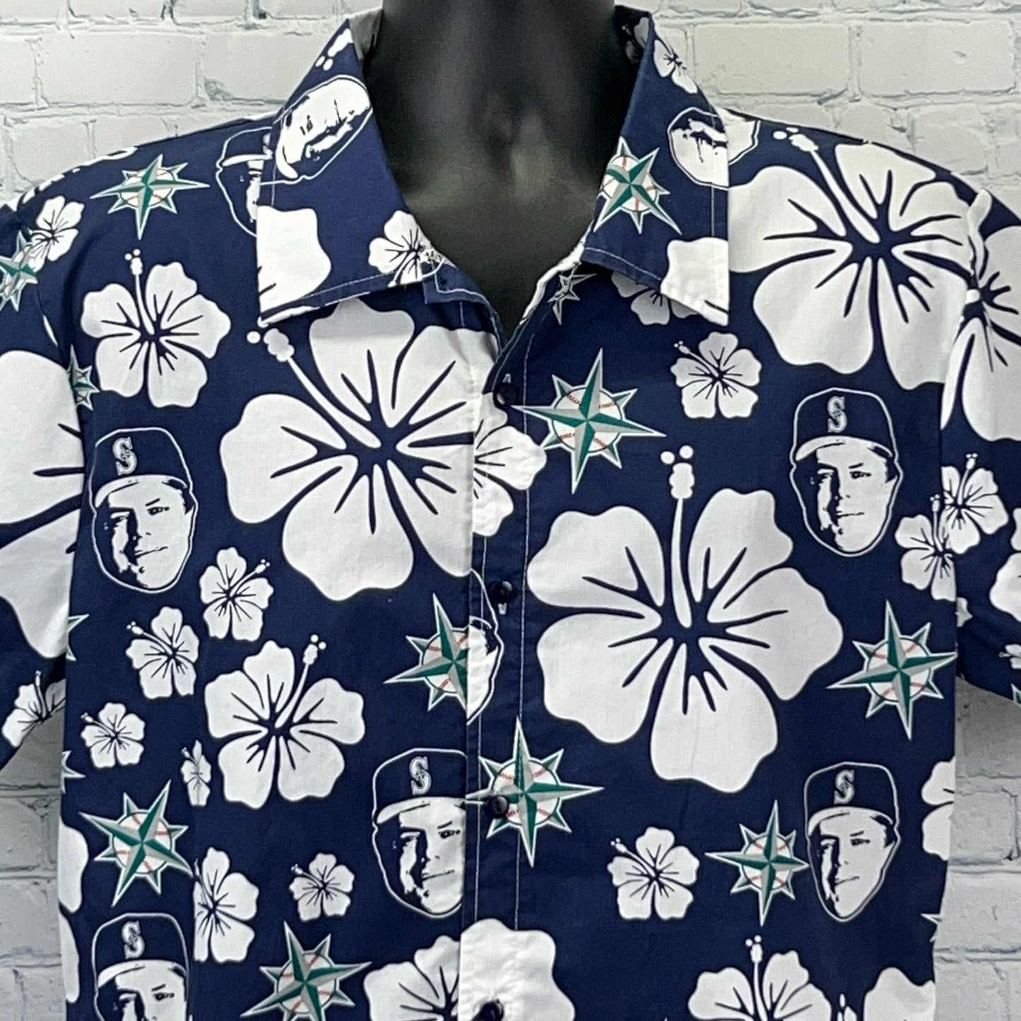 Seattle Mariners Hawaiian shirt in navy with floral design and team logos, front view