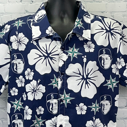Seattle Mariners Hawaiian shirt in navy with floral design and team logos, front view