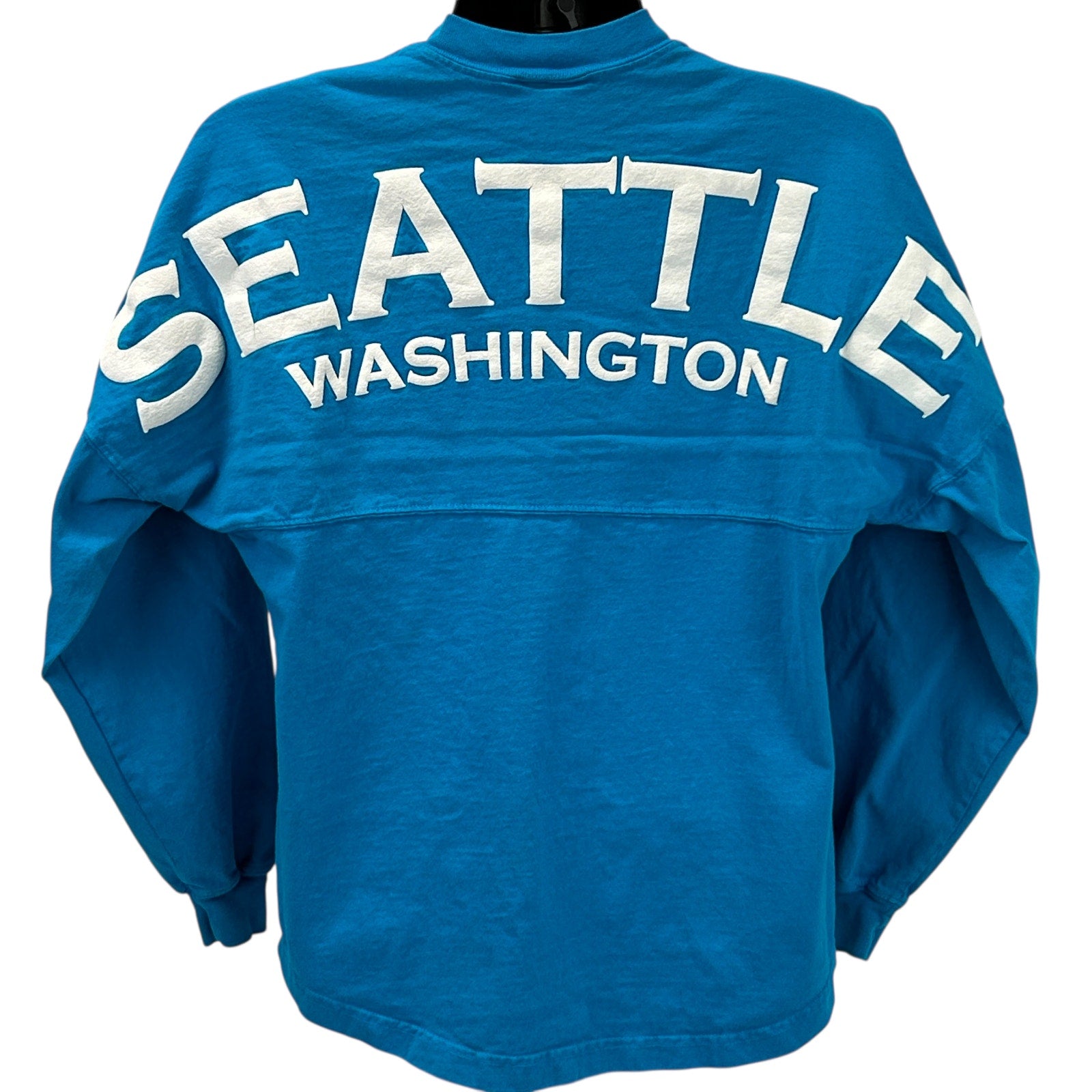 Seattle blue long-sleeve T-shirt with bold white letters on the back, featuring Washington print