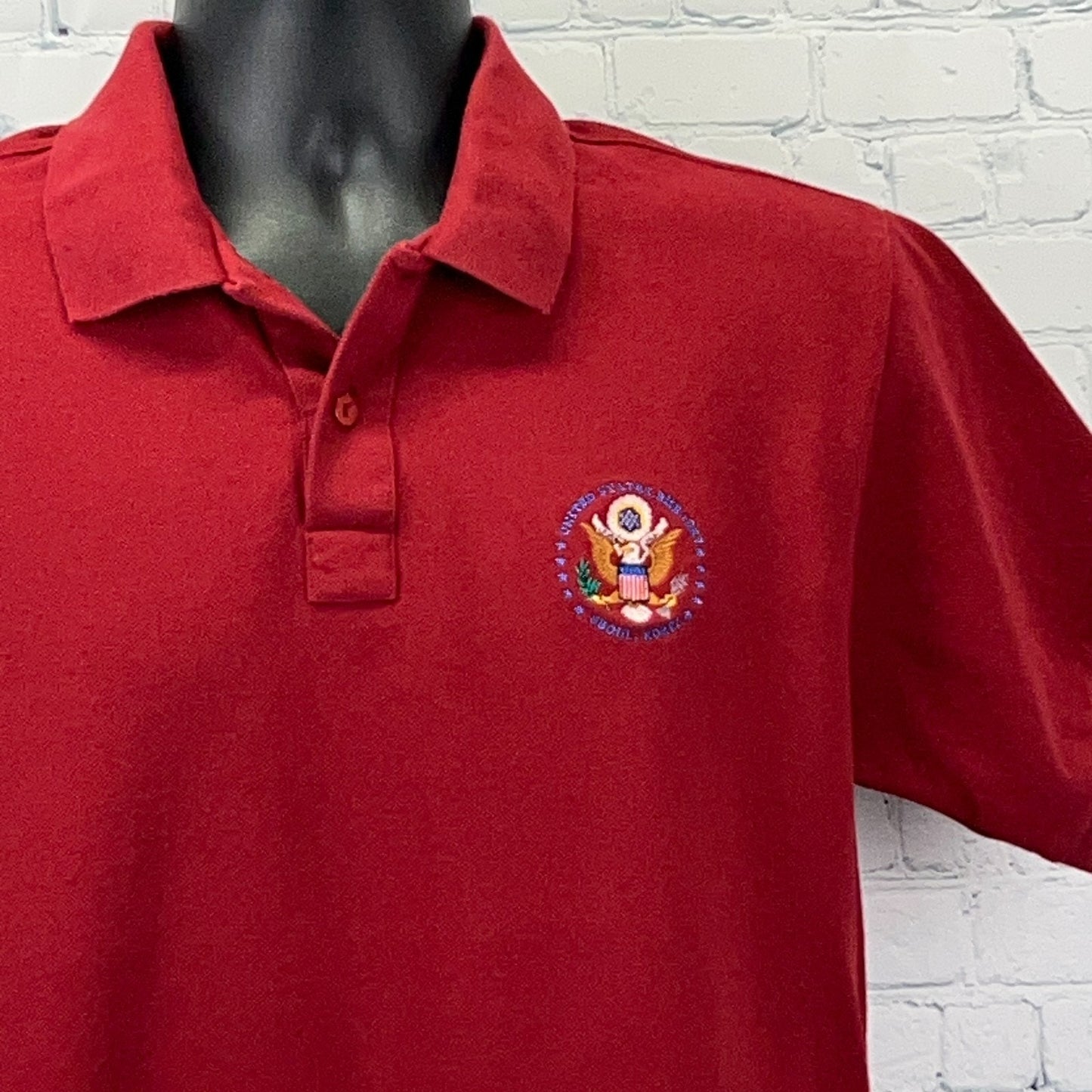 Red Vintage Seoul Polo Shirt with Embroidered Logo on Front, Medium Size, Front View