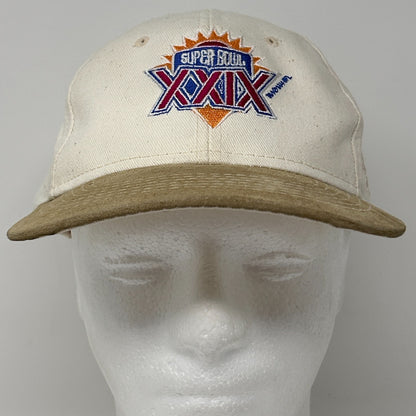 Sports Specialties SF 49ers hat from the 1990s in cream and beige, front view with embroidered Super Bowl logo