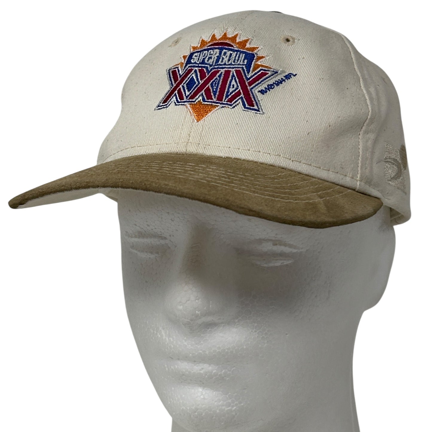 Sports Specialties SF 49ers hat from the 1990s in cream with a front view and Super Bowl XXIX embroidery