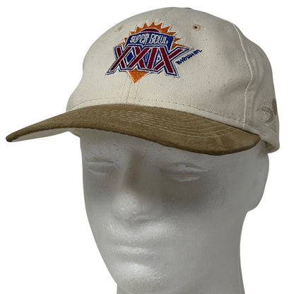 Sports Specialties SF 49ers hat from the 1990s in cream with a front view and Super Bowl XXIX embroidery