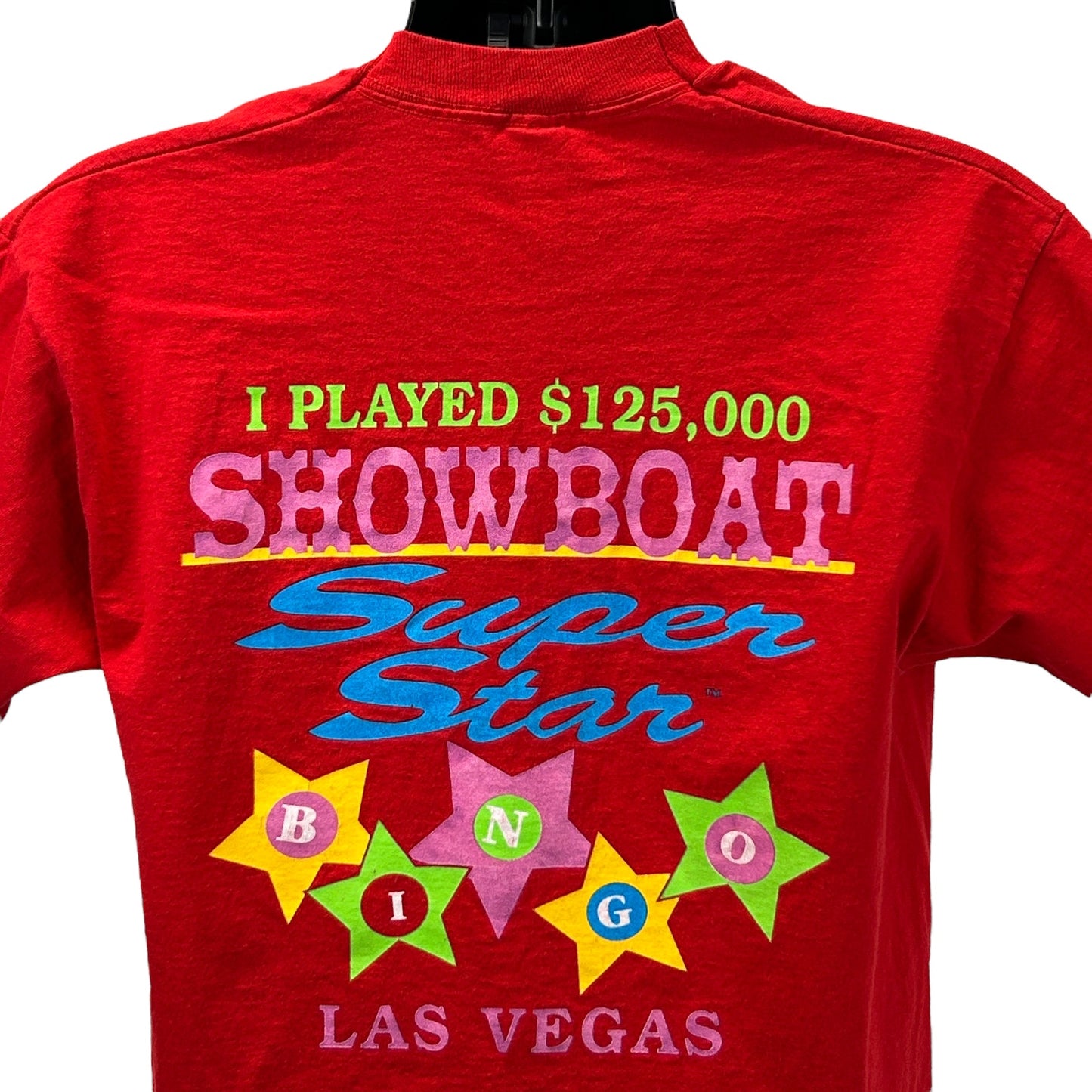 Red Fruit of the Loom T-Shirt featuring 'I Played $125,000 Showboat Super Star Bingo Las Vegas' print on back