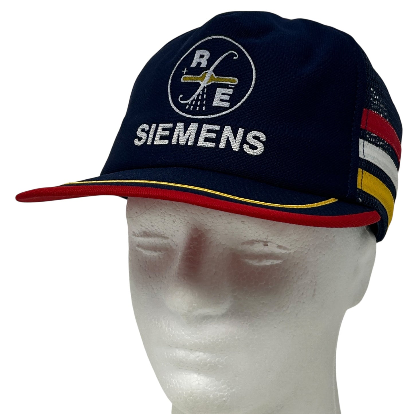 Vintage Siemens navy baseball cap with logo, adjustable, featuring colorful stripes on the side