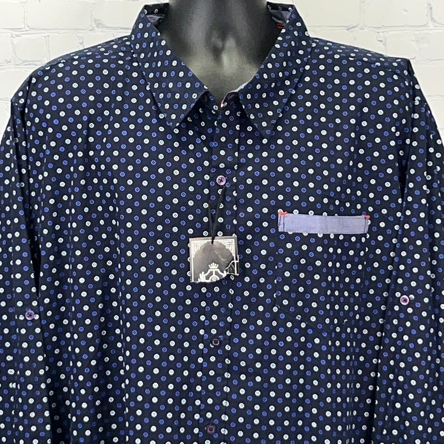 Silver Stone Men's Long Sleeve Shirt in Navy with Polka Dots and Front Pocket Detail