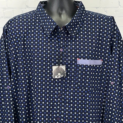 Silver Stone Men's Long Sleeve Shirt in Navy with Polka Dots and Front Pocket Detail