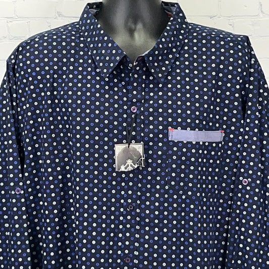 Silver Stone Men's Long Sleeve Shirt in Navy with Polka Dots and Front Pocket Detail