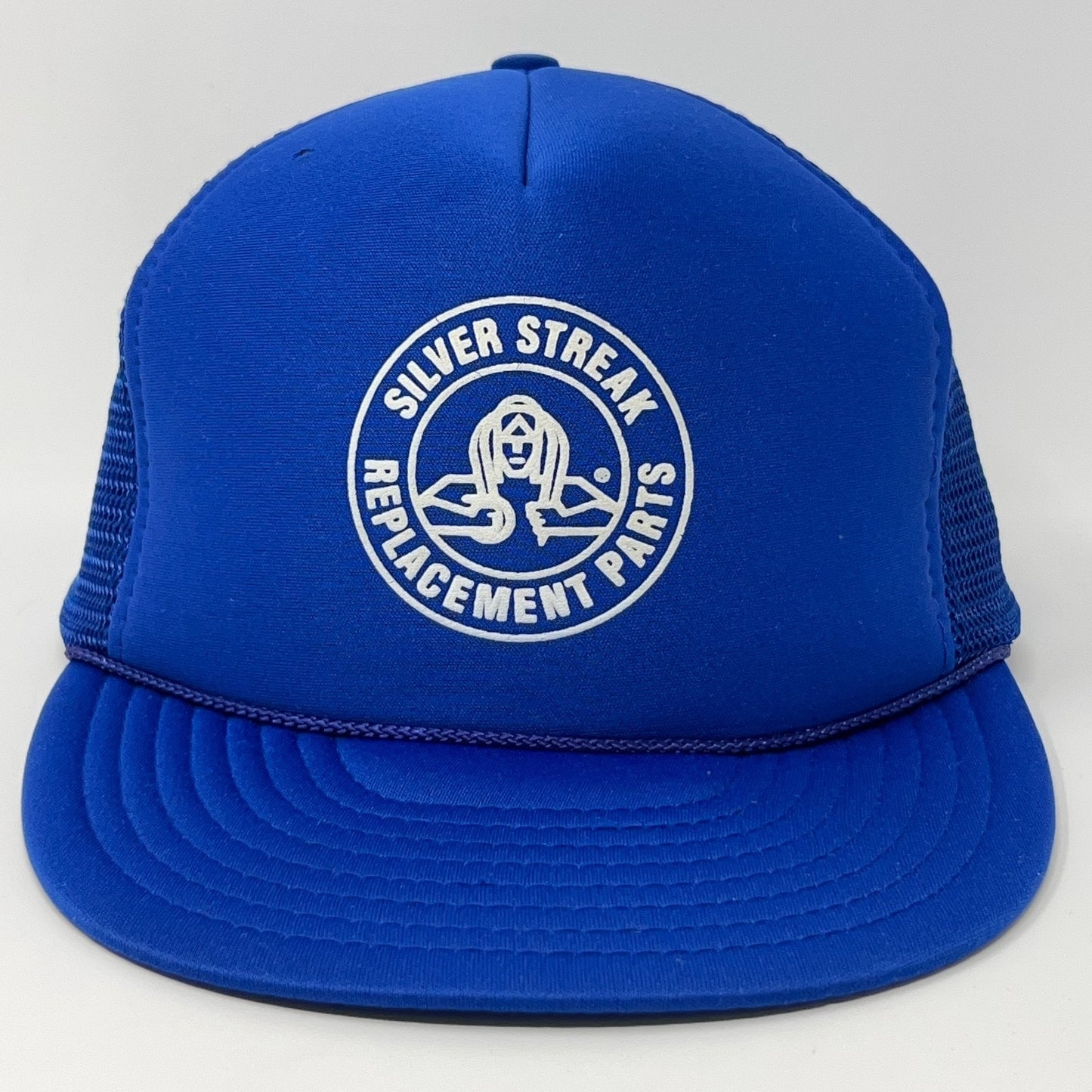 Vintage Trucker Hat in blue with front logo 'Silver Streak Replacement Parts' for a classic look