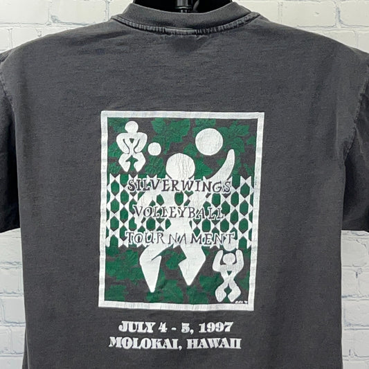 Gray Hanes Volleyball T Shirt featuring Silverwings Tournament design, size medium, front view.