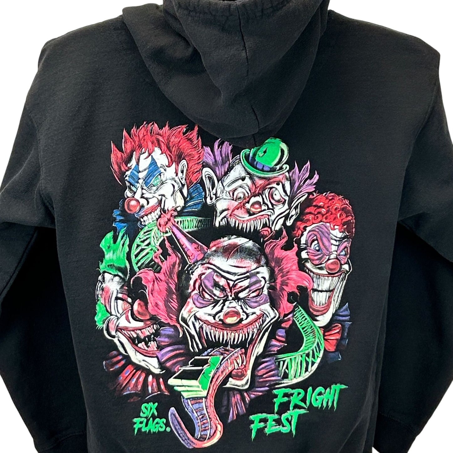 Black Six Flags Fright Fest hoodie featuring a colorful clown graphic on the back