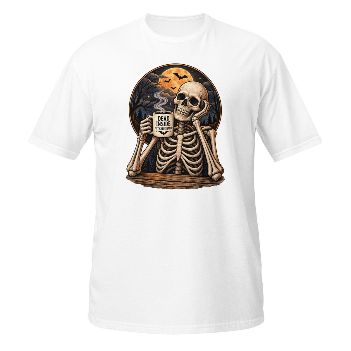 White T-shirt with skeleton design holding a mug labeled Coffee, featuring spooky elements.