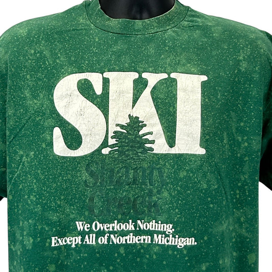 Green Hanes T-Shirt featuring 'Ski Shanty Creek Michigan' print, size medium, front view