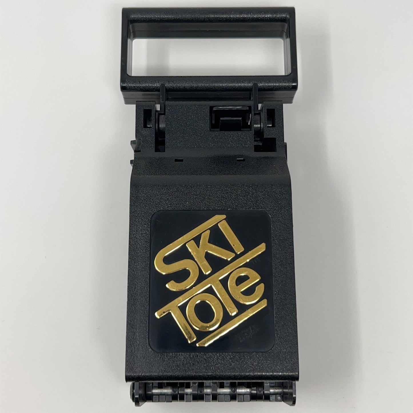 Ski Tote vintage ski carrier in black with gold logo, front view