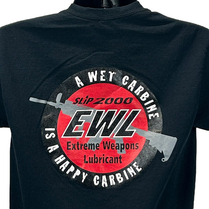 Black Gildan T-Shirt featuring Slip 2000 Extreme Weapon Lubricant logo on the front in vibrant colors