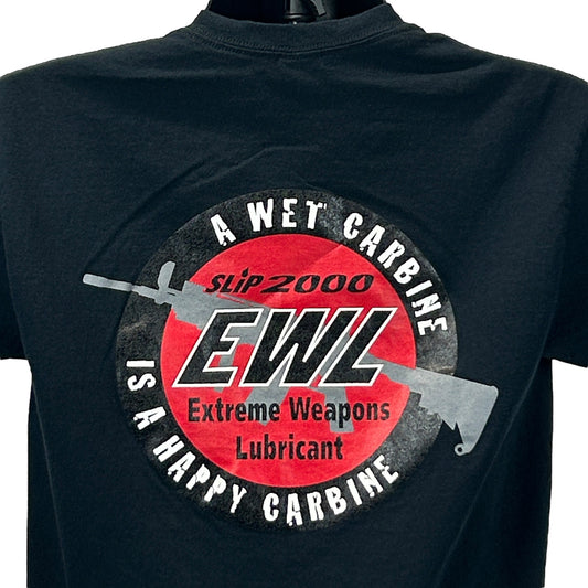 Black Gildan T-Shirt featuring Slip 2000 Extreme Weapon Lubricant logo on the front in vibrant colors