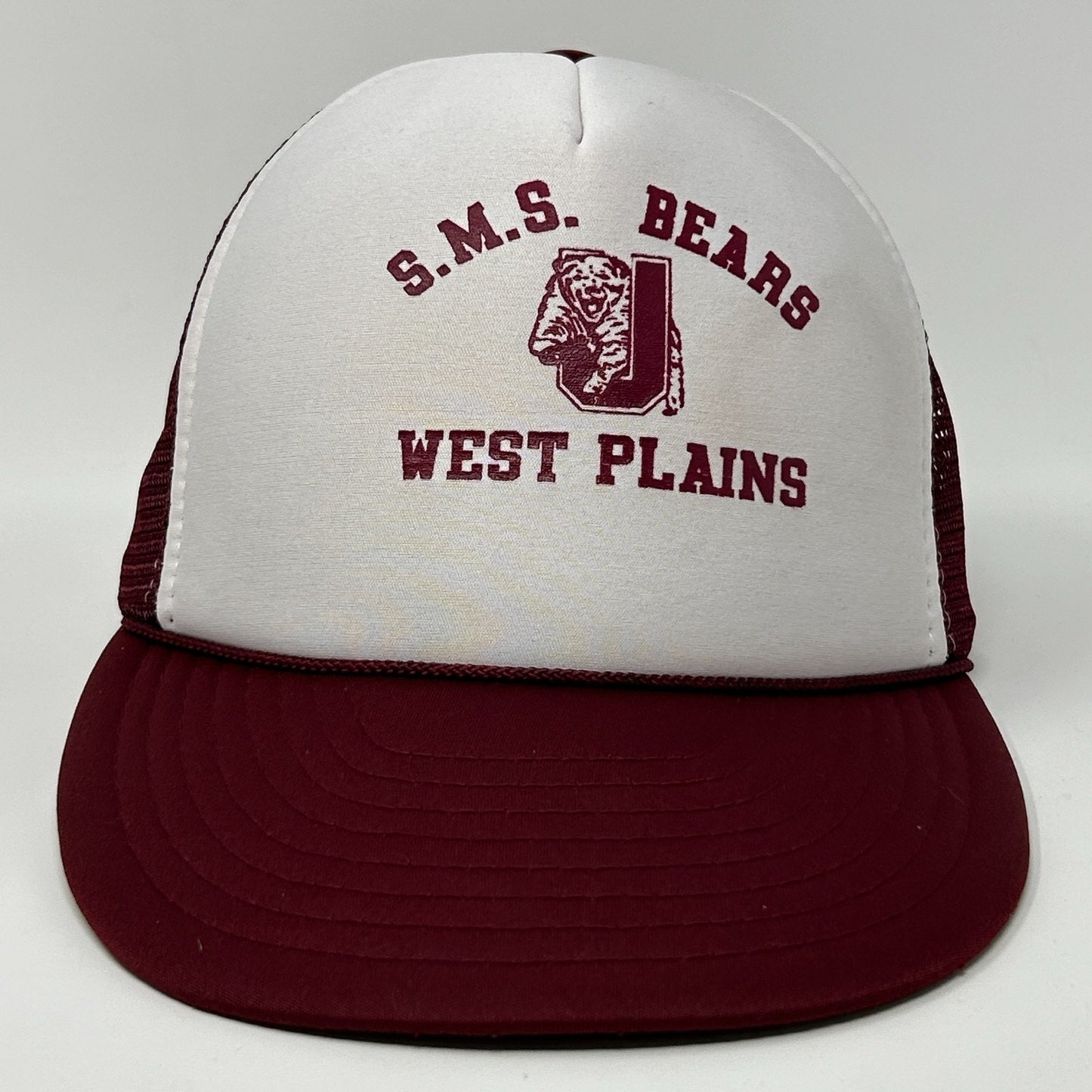 Vintage Trucker Hat in white and maroon with S.M.S. Bears logo for West Plains