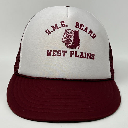 Vintage Trucker Hat in white and maroon with S.M.S. Bears logo for West Plains