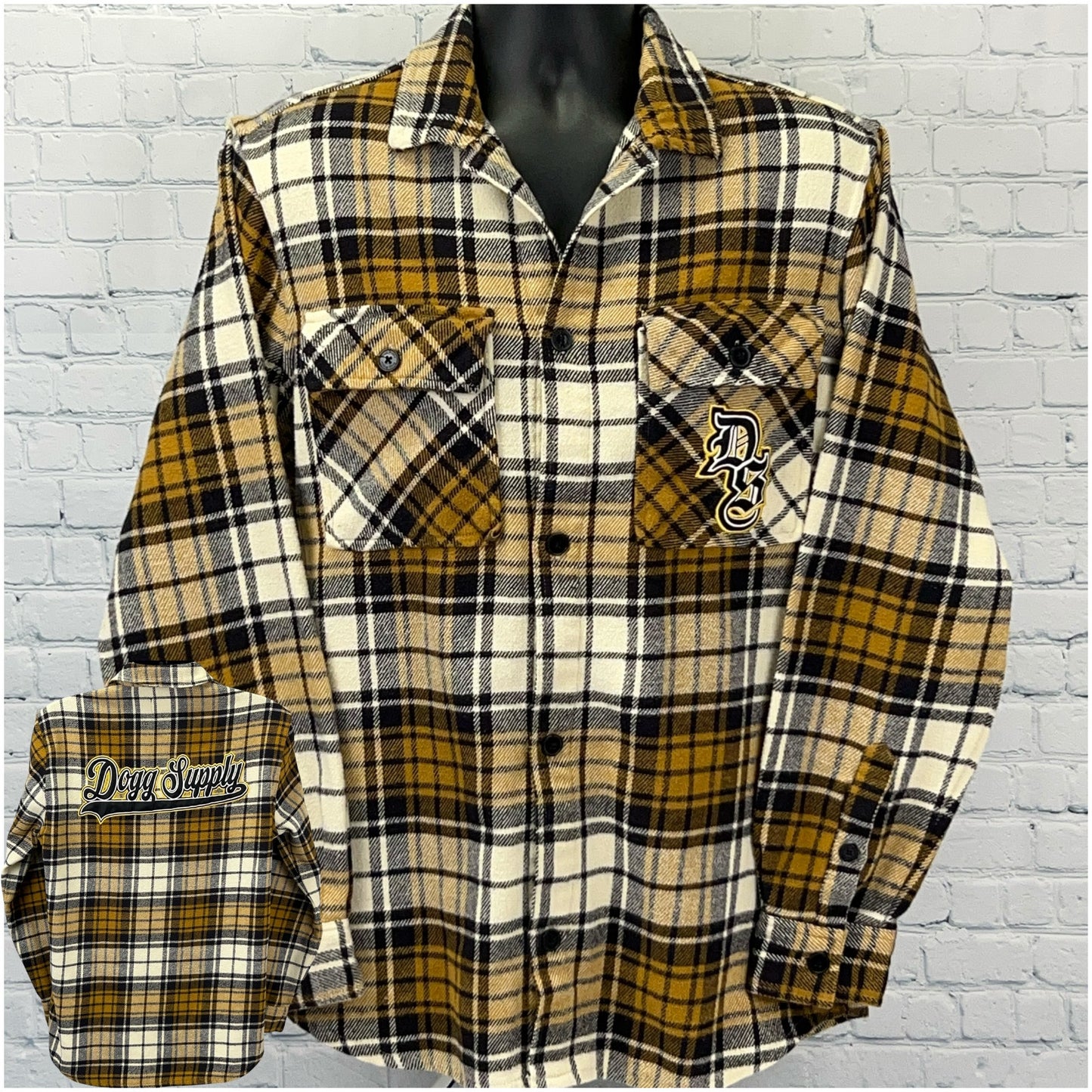 Snoop Dogg plaid flannel shirt in gold and black with front logo and back 'Dogg Supply' design