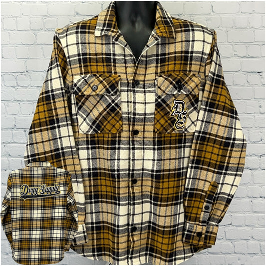 Snoop Dogg plaid flannel shirt in gold and black with front logo and back 'Dogg Supply' design